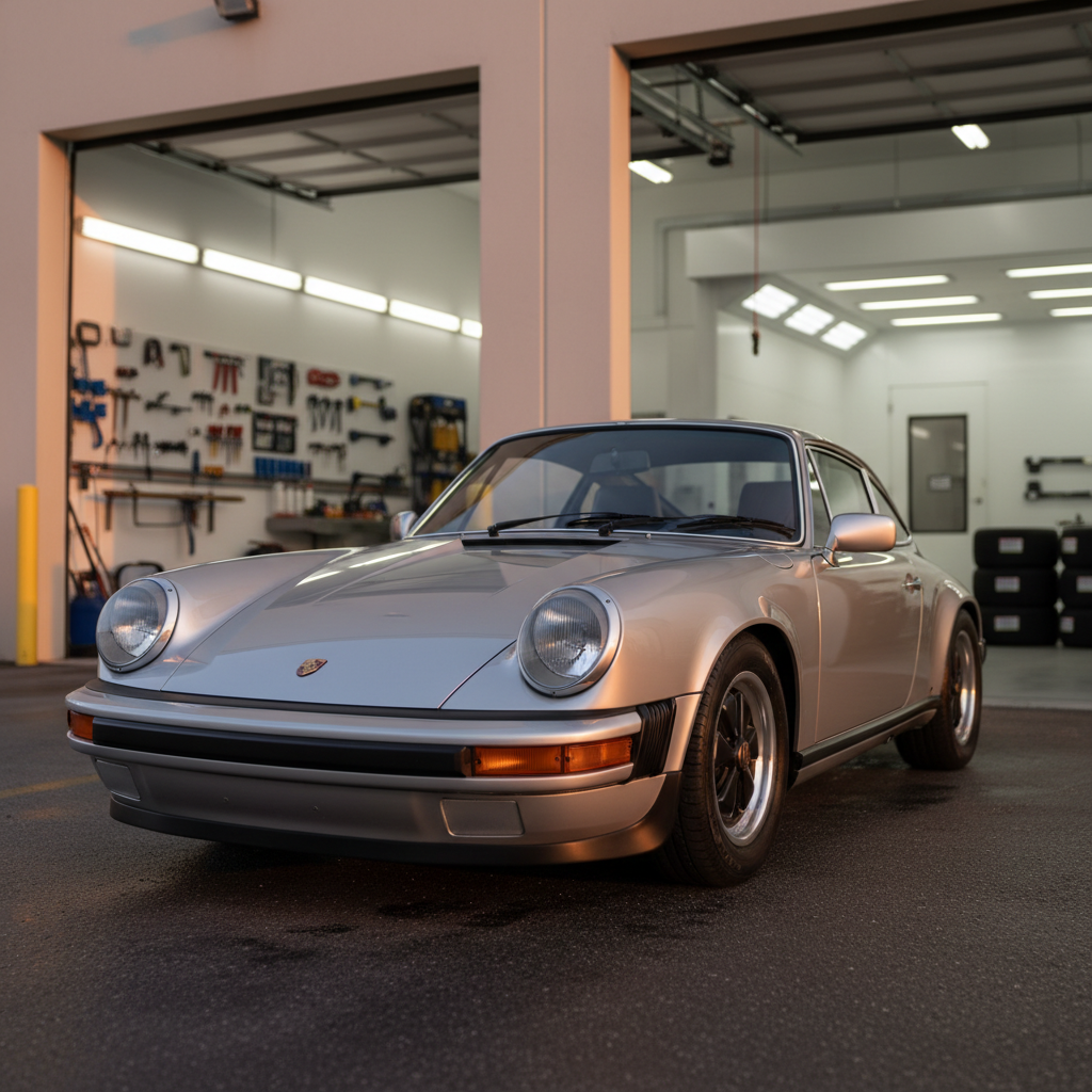 A low, three-quarter front view of a fully restored 1970s Porsche 911 in metallic silver, parked just outside an open South Florida restoration shop bay at golden hour. The car’s smooth, curving bodywork and perfectly aligned panel gaps reflect the warm sunset light, creating soft highlights along the fenders and doors. Inside the bay, slightly blurred, are bodywork tools, a spray booth entrance, and neatly stacked tires. The sky shows a soft pastel gradient, and the clean asphalt foreground leads the eye directly to the car. Photographic realism with a professional, aspirational mood that conveys premium restoration quality and attention to detail.