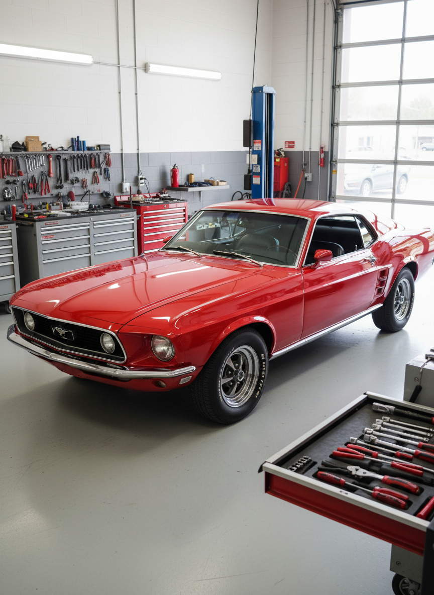 A freshly restored cherry-red 1969 Mustang fastback with flawless mirror-gloss paint, chrome bumpers gleaming and classic five-spoke wheels, parked diagonally inside a spotless South Florida restoration shop. The concrete floor reflects the car subtly, surrounded by neatly organized tool cabinets and a lift in the background. Bright, diffused daylight pours in from large open bay doors, creating crisp highlights along the body lines and soft shadows beneath. Photographic realism with a professional, high-end feel, shot at eye level with a slight three-quarter angle, sharp focus throughout, conveying precision craftsmanship, trust, and pride in classic car restoration work.