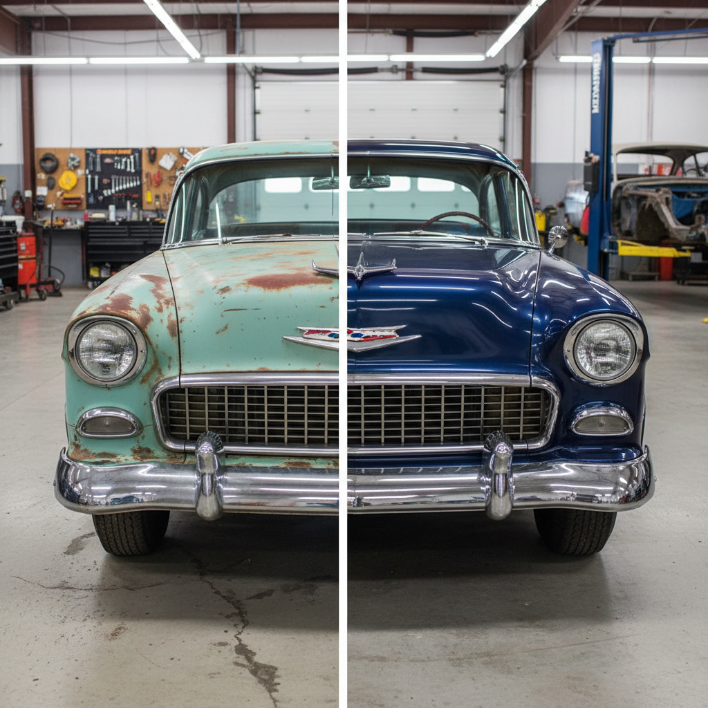 A dramatic before-and-after scene of a classic 1950s Chevy Bel Air, split down the middle in photographic realism. On the left, a faded, rust-speckled body with dull paint, pitted chrome, and worn whitewall tires sits on a dusty concrete floor. On the right, the same car shines in deep navy-blue paint with restored chrome trim, pristine glass, and freshly detailed wheels. The South Florida shop interior surrounds both halves, with organized tools and equipment in the softly blurred background. Bright, even shop lighting highlights the transformation, while the centered, symmetrical composition emphasizes the contrast and communicates the full-restoration services offered.