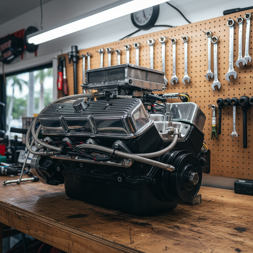 A close-up, photographic-realism shot of a classic V8 engine freshly rebuilt on a sturdy workbench in a South Florida restoration shop. The polished aluminum valve covers, braided steel hoses, and meticulously routed wiring harness catch the light, contrasting against the matte black engine block. Neatly arranged wrenches and torque tools line the pegboard wall behind, slightly out of focus. Overhead fluorescent lights create bright, even illumination with subtle reflections on metal surfaces, emphasizing mechanical precision. Captured from a slightly elevated angle with a shallow depth of field, the mood is technical, professional, and detail-oriented, underscoring expert mechanical repair and performance tuning capabilities.